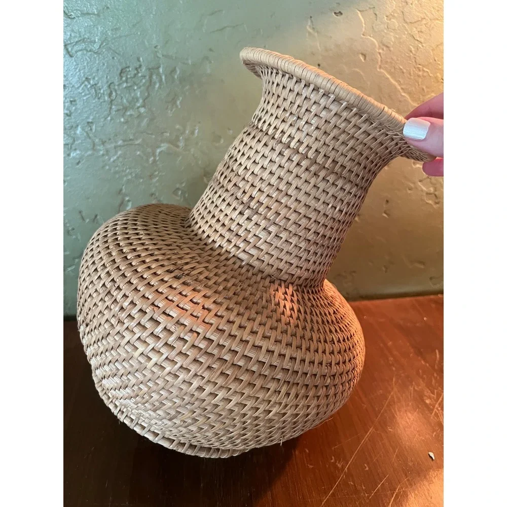 Vintage Woven Rattan Wicker Vase Natural Boho Decorative Flared Rim Vessel